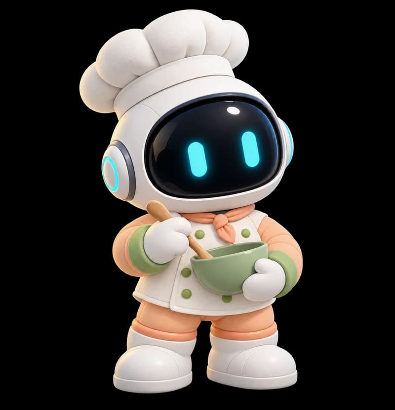 A chubby peach astronaut in a chef’s hat and coat, holding a little mixing bowl.