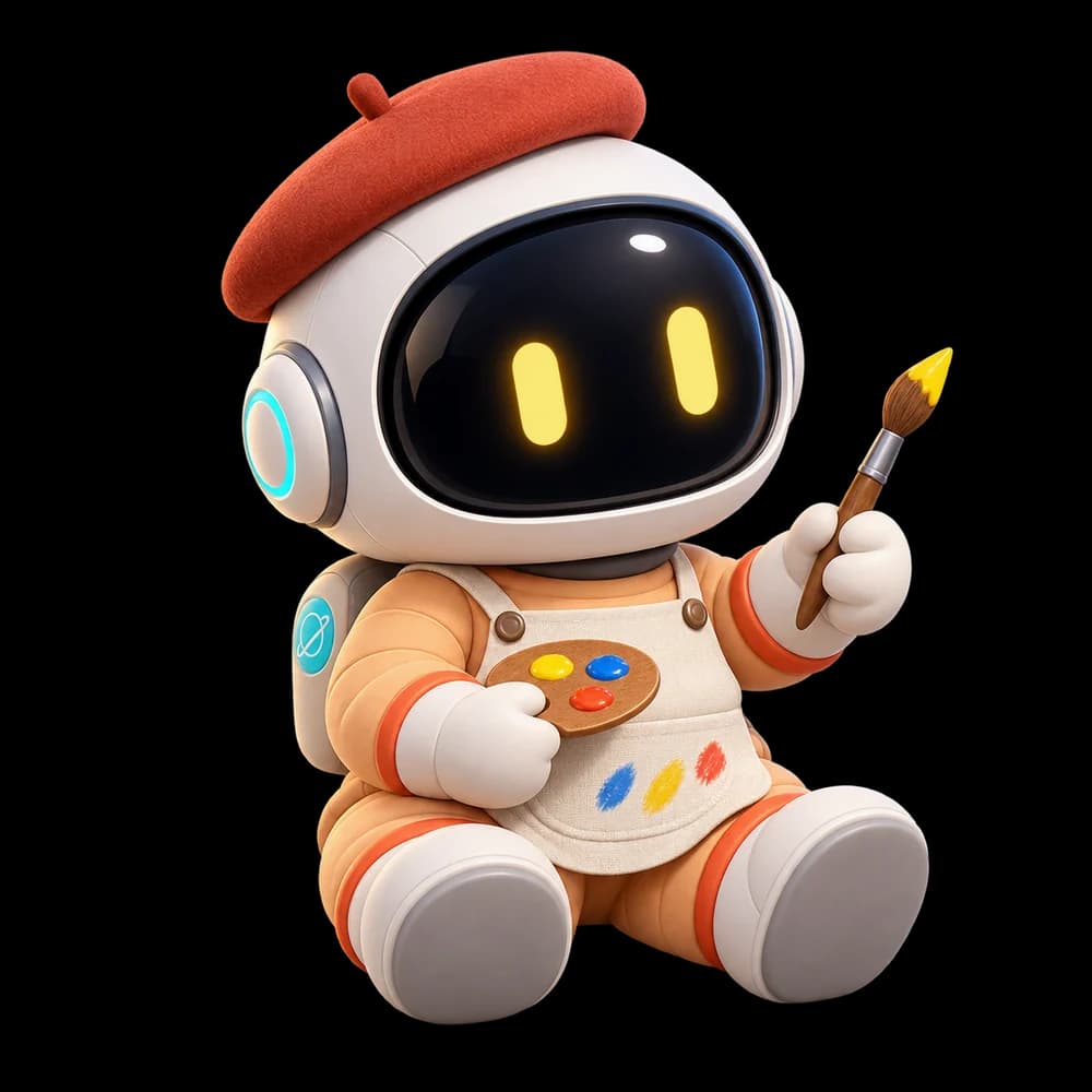 A chubby apricot astronaut artist wearing a red beret and an apron, holding a paintbrush and palette.
