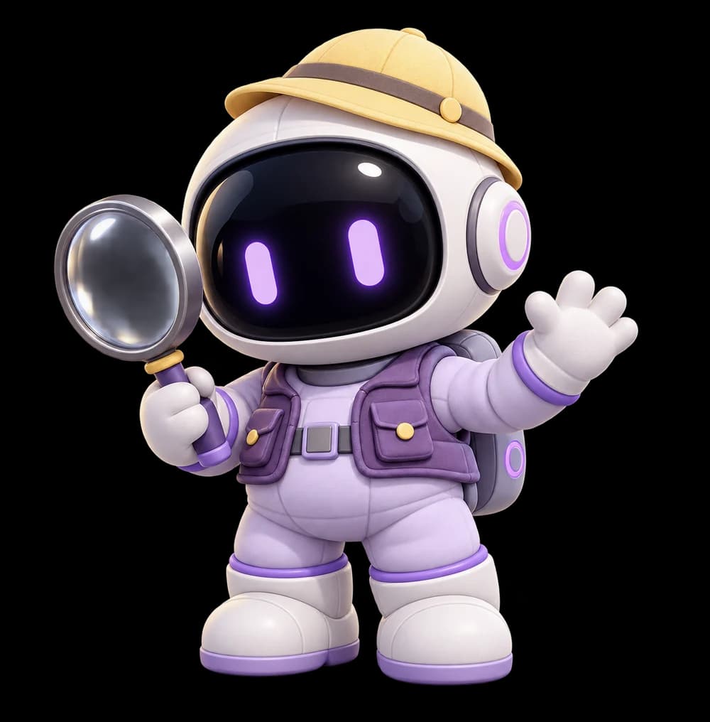 A chubby lavender astronaut explorer wearing a yellow hat and a purple vest, holding a magnifying glass.