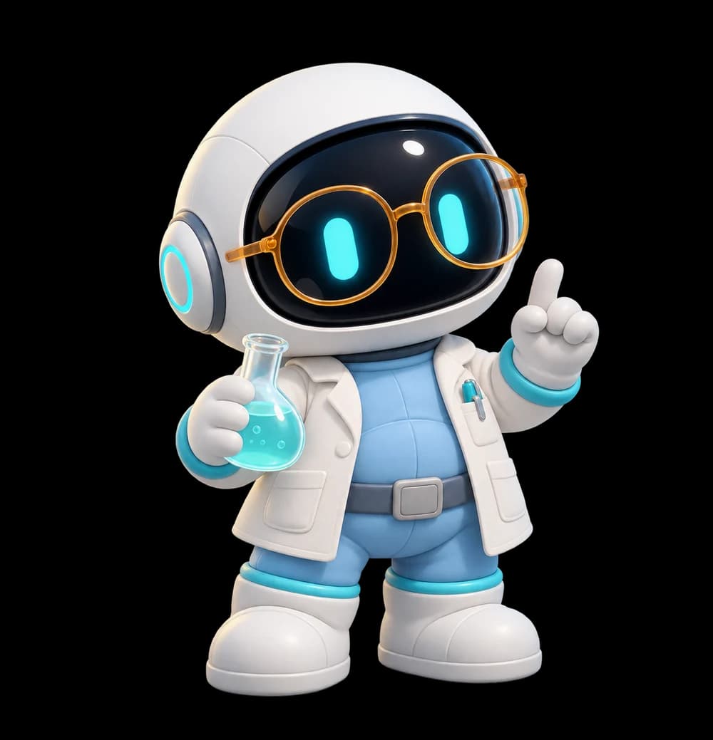 A chubby blue astronaut scientist wearing round glasses and a lab coat, holding a little flask.